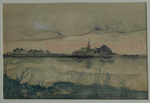 Niet of onleesbaar gesigneerd - Ingelijste aquarel, “Landschap met water” – gesigneerd ‘v. Os’ kopen? Bied vanaf 1!
