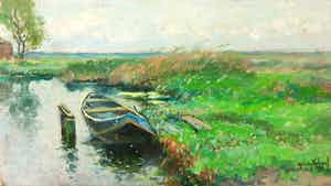 Andries Verleur - Olieverf op doek (verlijmd op paneel), Landschap met aangemeerd bootje verkocht voor € 50!