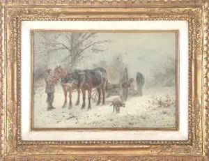 Anton Mauve (sr.) - Winters tafereel met paarden in de sneeuw kopen? Bied vanaf 4850!