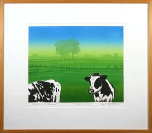 Hans Heijman - Zeefdruk, Koeien in polderland - Ingelijst verkocht voor € 1!