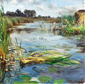 Willem Roelofs (jr.) - Gezicht op water met riet verkocht voor € 400!