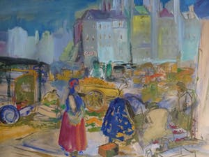Niet of onleesbaar gesigneerd - Markt in een dorp, aquarel kopen? Bied vanaf 10!
