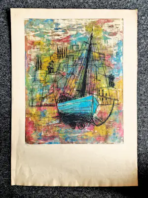Ria Exel - Grote jaren 60 "epreuve d'artiste" kleuren-aquatint "boten in haven" kopen? Bied vanaf 31!