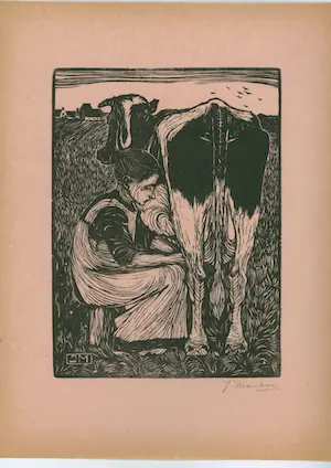 Jan Mankes - ** Prijs verlaagd** Handgesigneerde houtsnede Koemelkster 1914 op oudroze papier kopen? Bied vanaf 160!
