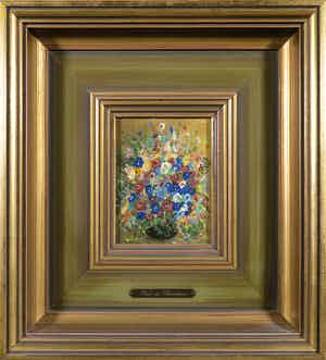 Dick van Vlaardingen - Olieverf op doek op hardboard, Bloemstilleven verkocht voor € 50!