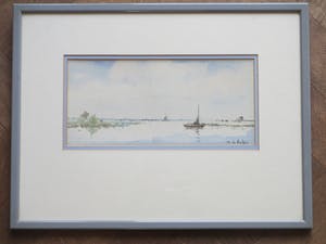 Frans de Nocker - Hollands plasgezicht met boot en molen - Gemengde techniek kopen? Bied vanaf 50!