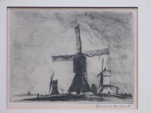 Hendrik de Laat - Hollands molenlandschap - Ets kopen? Bied vanaf 40!