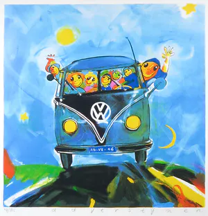 Ad Verstijnen - Zeefdruk, VW Bus - Ingelijst kopen? Bied vanaf 50!
