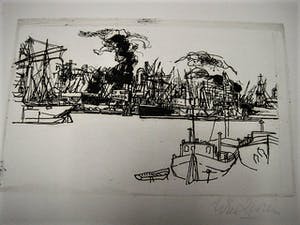 Wim Zwiers - Droge naald Ets - Rotterdam - Boten in de Haven - zeer kleine oplage! kopen? Bied vanaf 19!