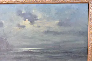Buy Romain Steppe - Vissersboot onder zeil varend bij maanlicht dicht bij het strand? Bid from 180!