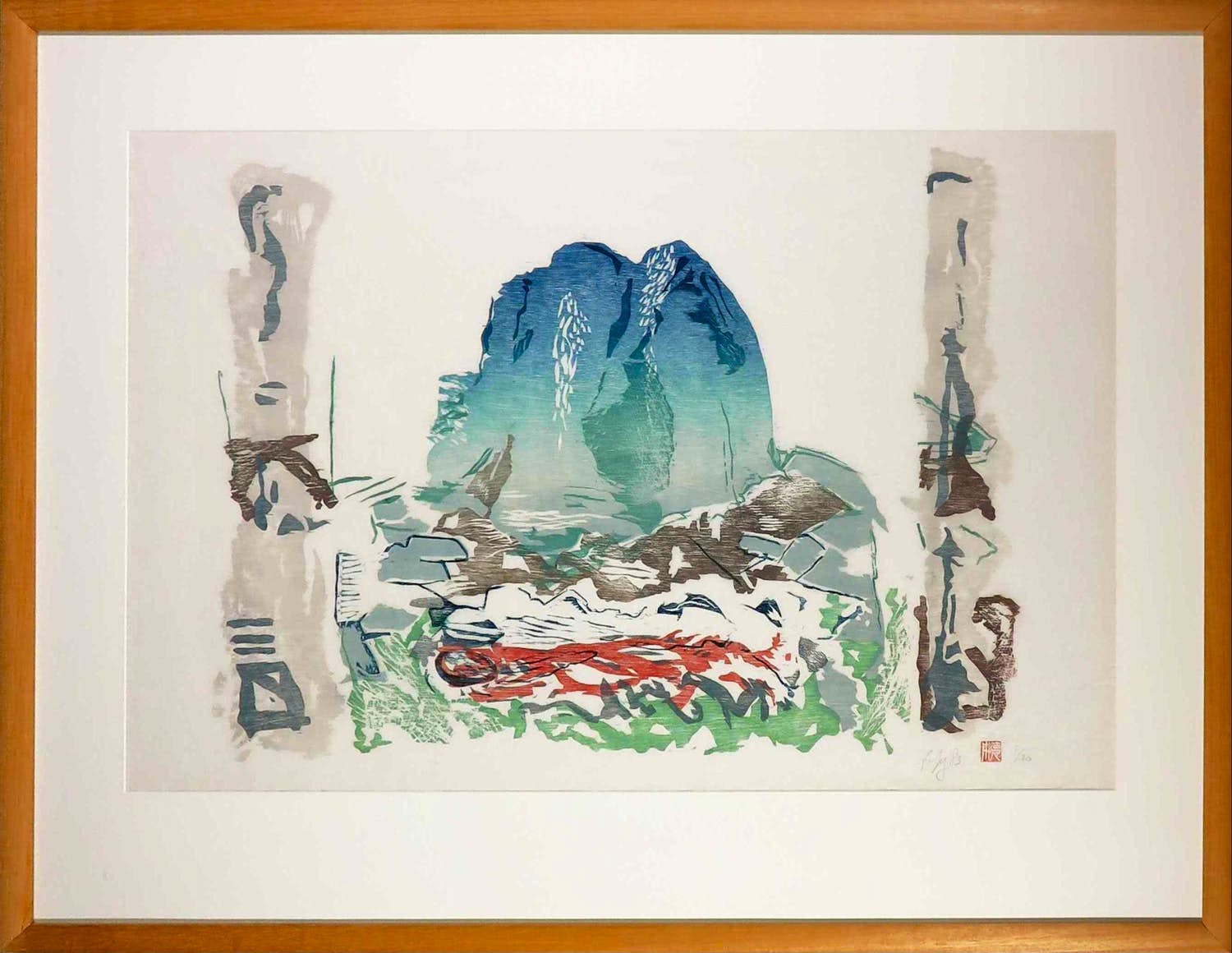 Fred de Jong - Houtsnede, Zonder vogel is de berg nog stiller - Ingelijst (Groot) verkocht voor € 50!