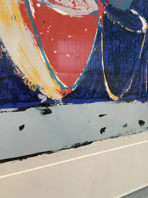 Piet Warffemius - "La Luna" kleurrijke grote abstracte zeefdruk in lijst, 1980s kopen? Bied vanaf 25!