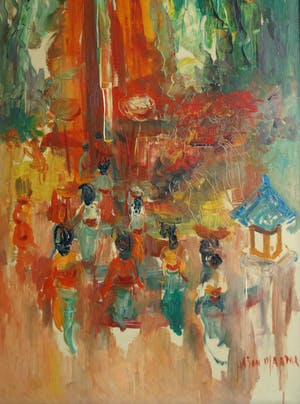 Hasan Djaafar - Olieverf op doek , “Vrouwen in het dorp” – ingelijst – Groot kopen? Bied vanaf 175!