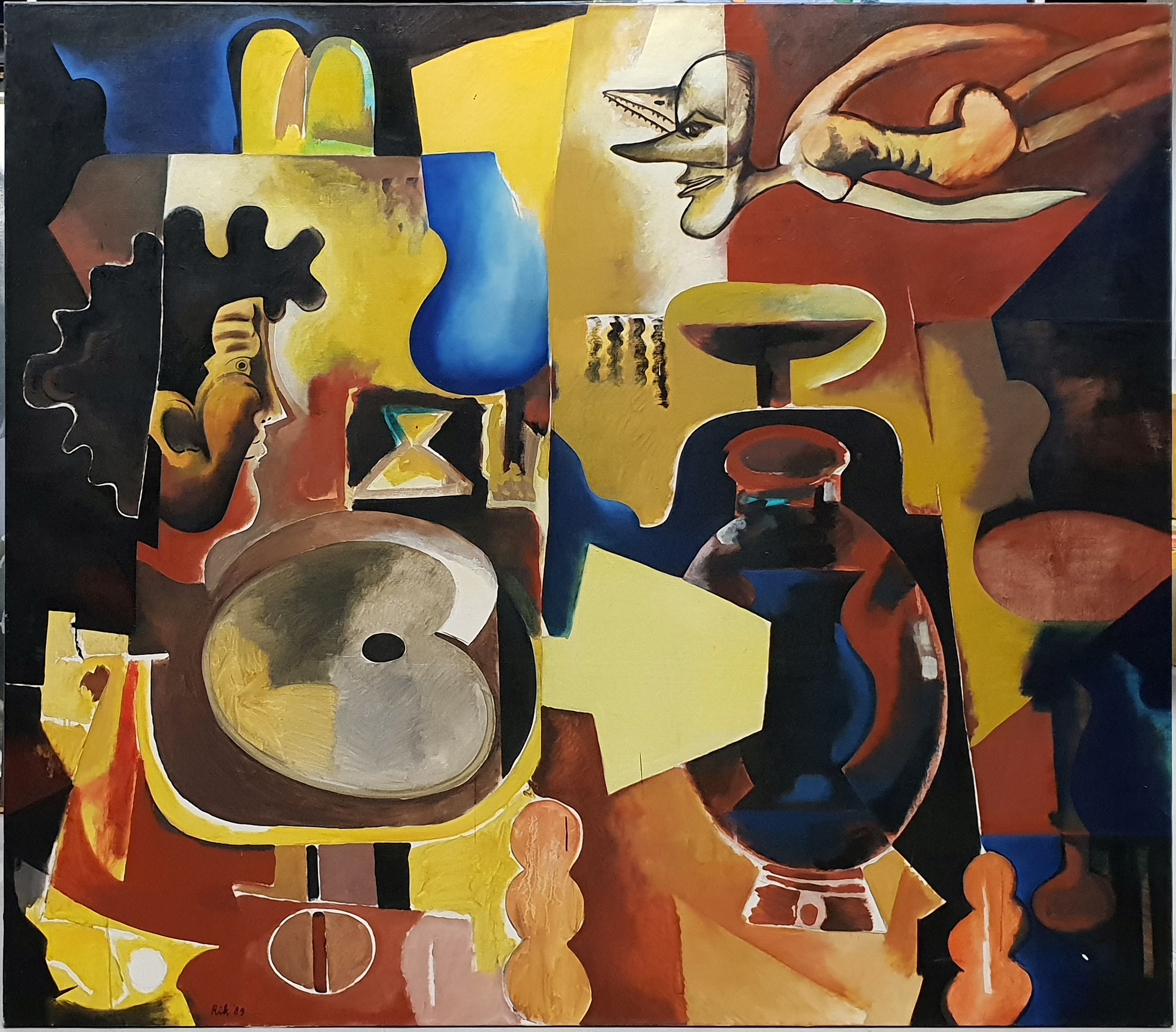 Rik van Iersel - Olieverf op doek, Abstracte compositie met figuren (Zeer groot) verkocht voor € 1000!