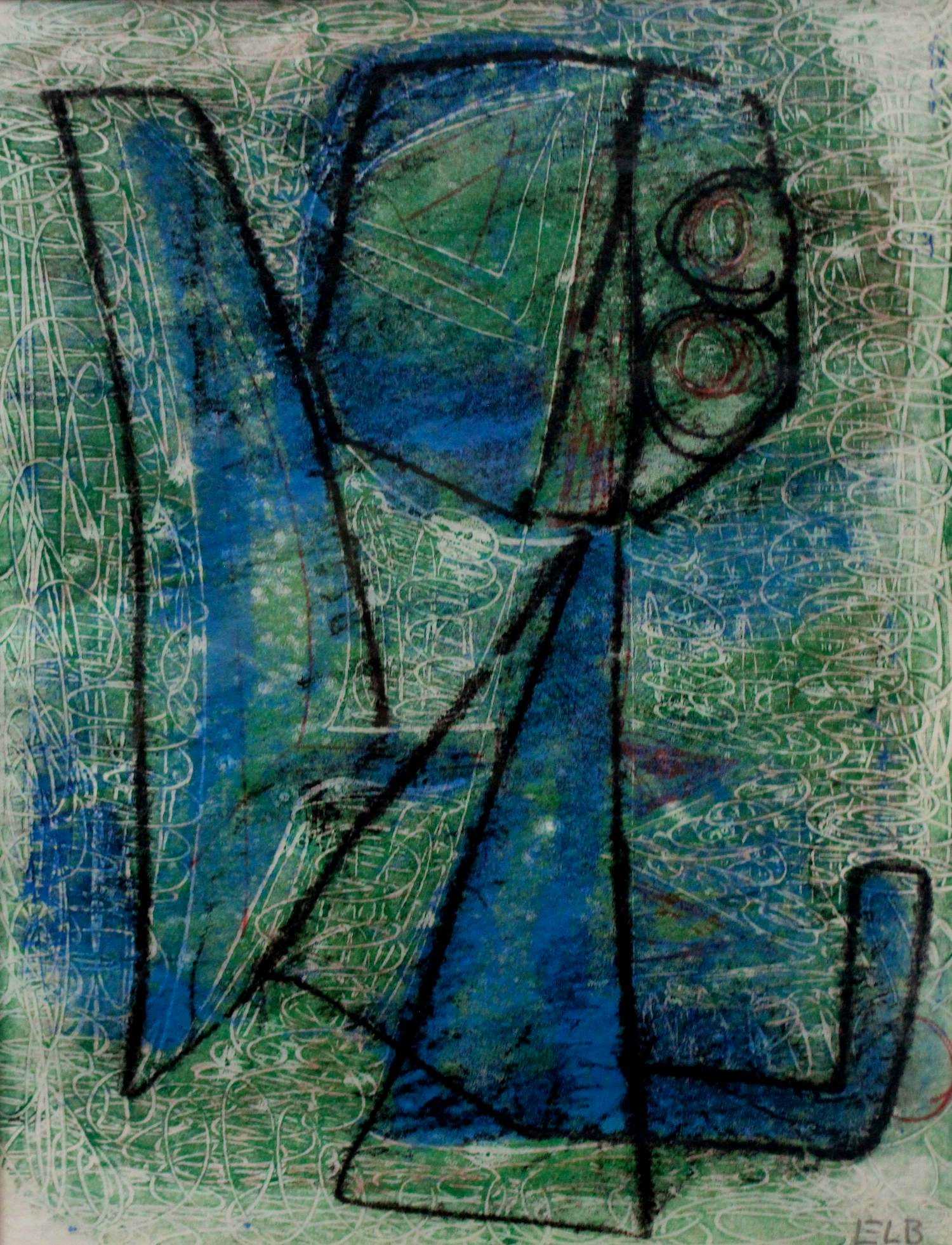 Jan G. Elburg - Ingelijste monoprint in kleur: "Figuur" - 1953 (nette houten lijst!) verkocht voor € 475!