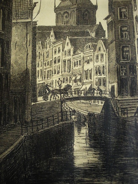 Louis Landre - gesigneerde Ets Amsterdam Oudezijds kolk en Oude kerk" ca 1920 kopen? Bied vanaf 1!