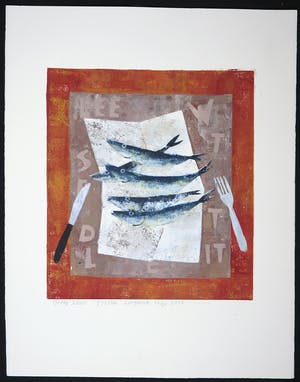 Betty Scheer - Linosnede, 5 vissen kopen? Bied vanaf 35!