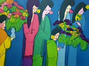 Walasse Ting - Kleurrijke grote Lithografie uit 1982 "Six geisha's with flowers" kopen? Bied vanaf 395!