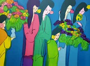 Walasse Ting - Kleurrijke grote Lithografie uit 1982 "Six geisha's with flowers" verkocht voor € 395!