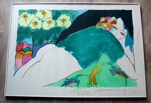 Walasse Ting - Ingelijste litho: Liggende vrouw omgeven door sprinkhanen en bloemen - 1985 kopen? Bied vanaf 575!