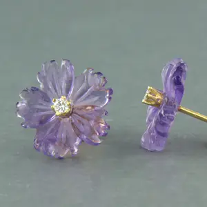 18k geel gouden oorknoppen met amethist en diamant 0.08 ct - F/G - VS/SI kopen? Bied vanaf 175!