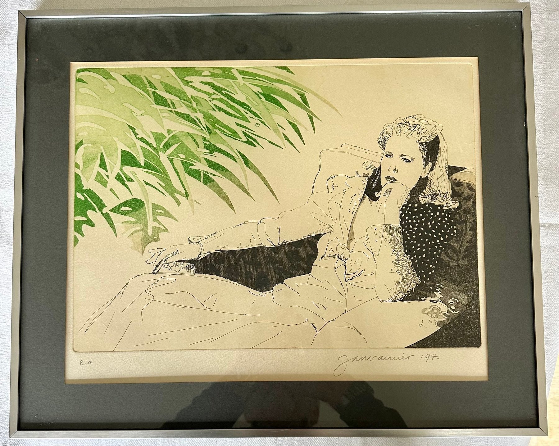 AcheterJan Vanriet - Liggende vrouw op sofa – kleurenets – E.A. – gesigneerd en gedateerd 1970? Enchérissez de 150!
