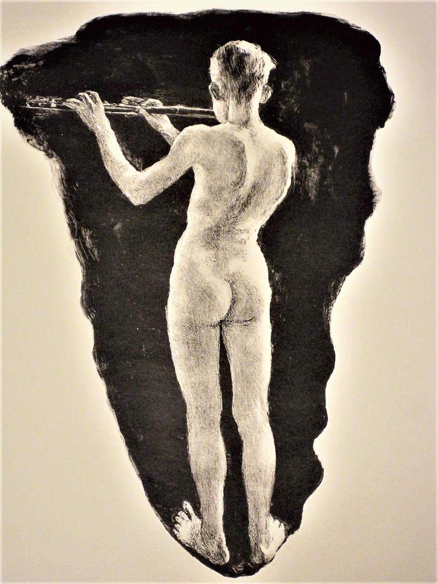 Huub Gerretsen - Jaren 60 - lithografie op papier - naakte jongeman met dwarsfluit - gesigneerd kopen? Bied vanaf 31!