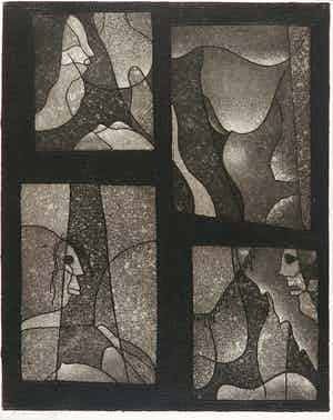 Harry van Kruiningen - Ets met reliëf, Compositie met figuren verkocht voor € 80!