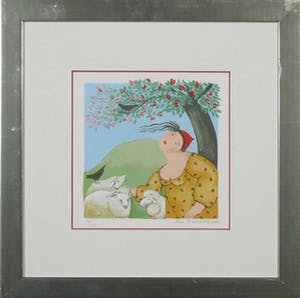 Ada Breedveld - Zeefdruk, Z.T. Vrouw met schaapjes - Ingelijst kopen? Bied vanaf 1!