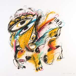 Henk Vierveijzer - Met pastelkrijt bewerkte litho, Z.T. Fantasiewezens verkocht voor € 40!