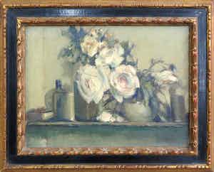 Willem Jansen - Olieverf op doek, Stilleven met witte rozen - Ingelijst verkocht voor € 1!