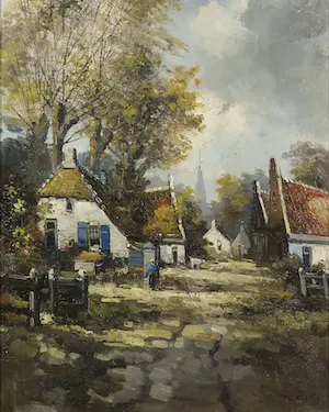 Niet of onleesbaar gesigneerd - Olieverf op doek, Dorpsgezicht - Ingelijst kopen? Bied vanaf 1!