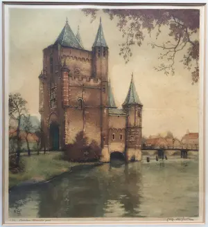 Alfred van Neste - Amsterdamse Poort Haarlem | kleuren ets - ingelijst kopen? Bied vanaf 35!