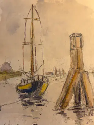 Jaap Weiland - Aquarel, Villa & een klein gemengd techniek werk Haven Numansdorp kopen? Bied vanaf 50!