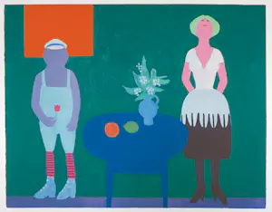 Buy Jan Roëde - Litho, Twee figuren, tafel, vaas en fruit? Bid from 100!