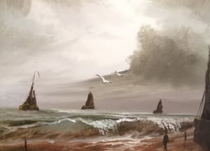 Niet of onleesbaar gesigneerd - Hollandse School - de Rooy?? - Katwijkse tjalken aan de kust - Zeegezicht kopen? Bied vanaf 10!