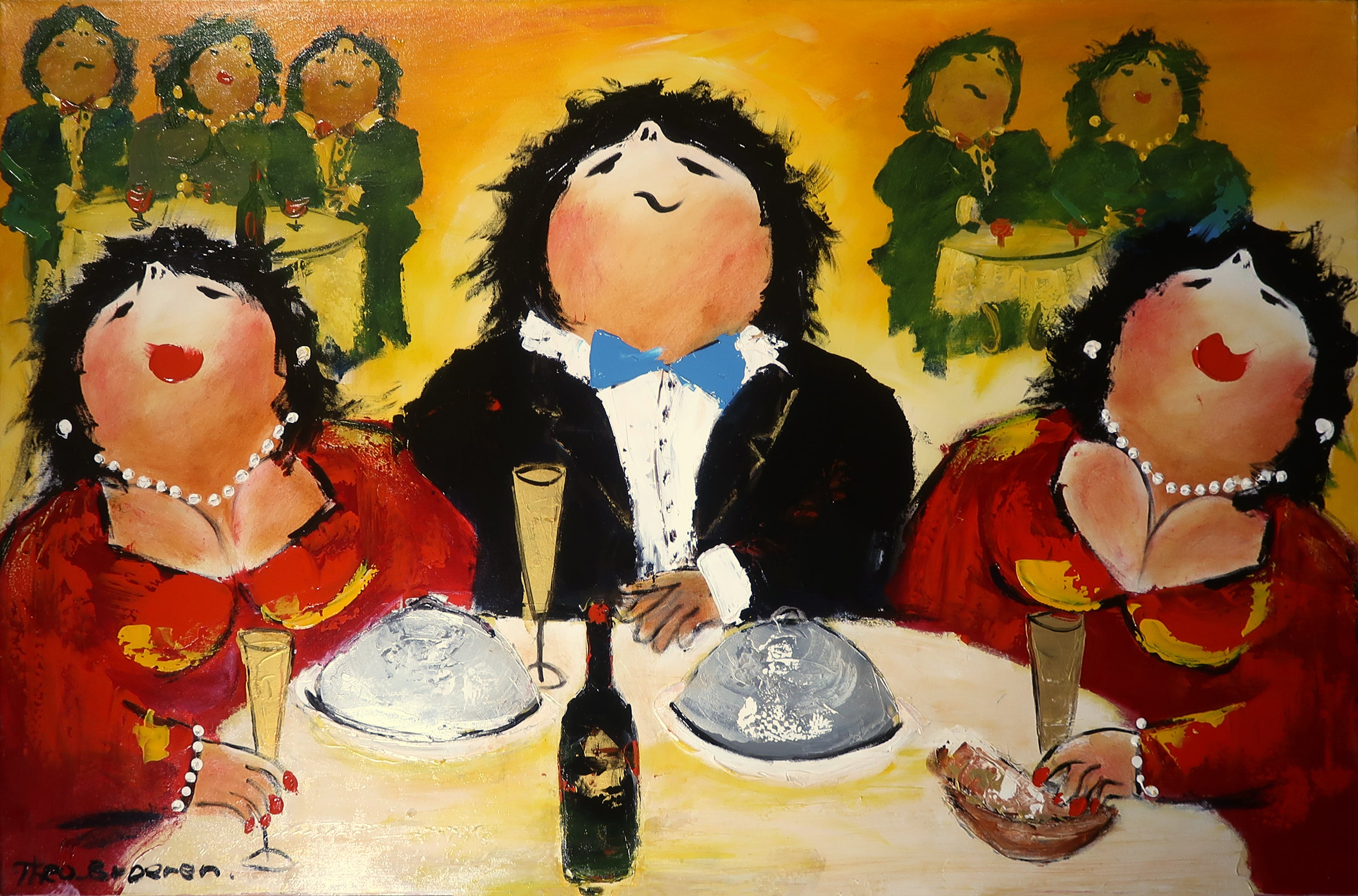 Theo Broeren - Acryl op doek, In het restaurant (Groot) verkocht voor € 250!