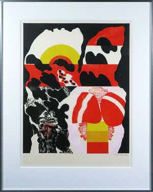 Jef Diederen - Houtsnede op rijstpapier, Abstracte compositie - Ingelijst verkocht voor € 50!