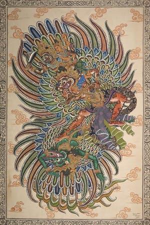 Niet of onleesbaar gesigneerd - Gemengde techniek op textiel, Balinese schildering kopen? Bied vanaf 1!