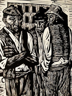 Ricardo Zamorano - Krachtige sociaal-realistische Houtsnede - "wachten op werk" gesigneerd kopen? Bied vanaf 30!