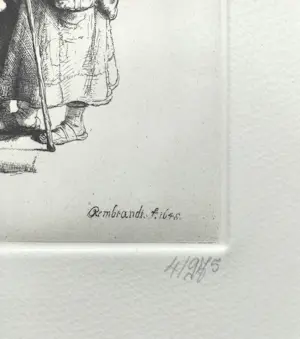 Rembrandt van Rijn - Bedelaars ontvangen een aalmoes aan de deur van een huis, ets kopen? Bied vanaf 80!