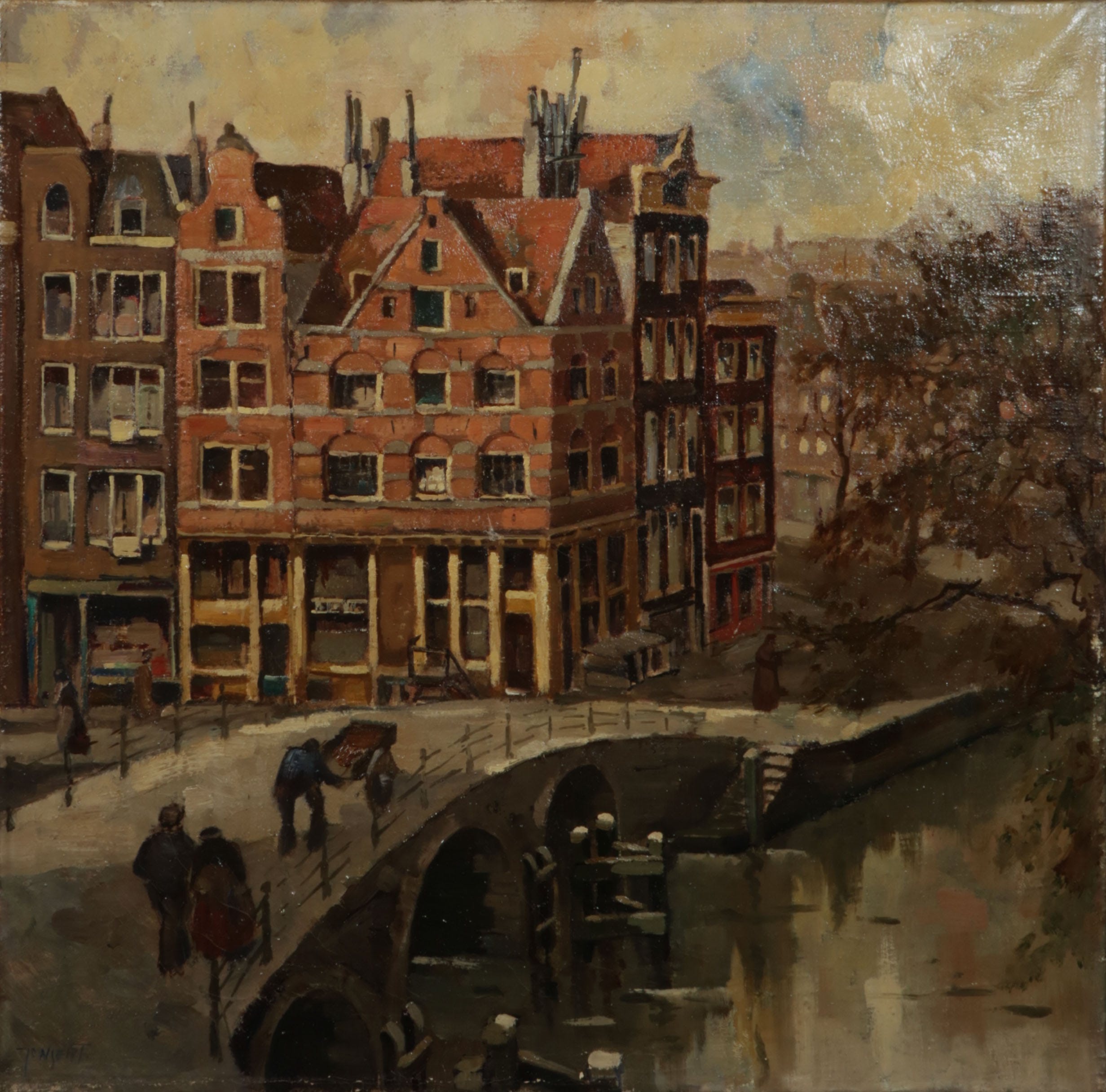 Gerrit Jongert - Olieverf op doek, Amsterdams stadsgezicht verkocht voor € 250!