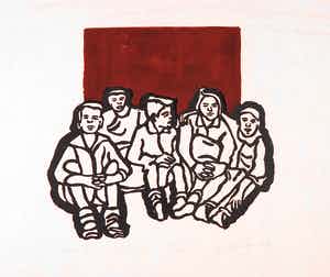 Ad Gerritsen - Houtsnede, Onder de chocolade boom verkocht voor € 70!