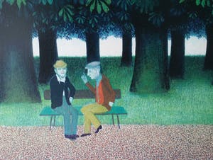 Meike Sund - Mannen op een bankje in hete bos. kopen? Bied vanaf 25!