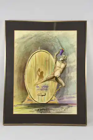Fabrice Hybert - IN VINO VERITAS, Nackter Weingeist vor Holzfass. Aquarell signert, 1991 verkauft für € 49!