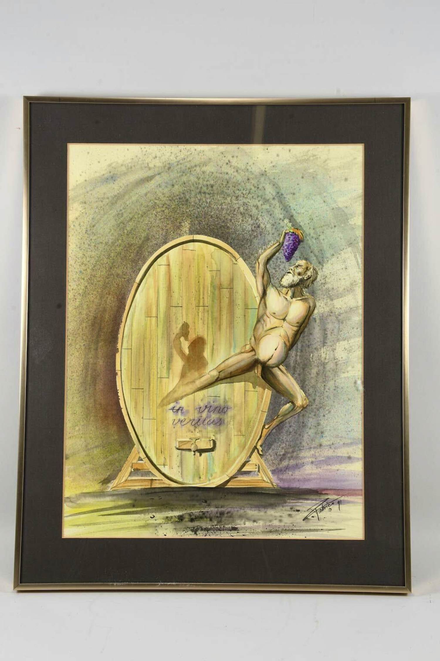Fabrice Hybert - IN VINO VERITAS, Nackter Weingeist vor Holzfass. Aquarell signert, 1991 kopen? Bied vanaf 49!