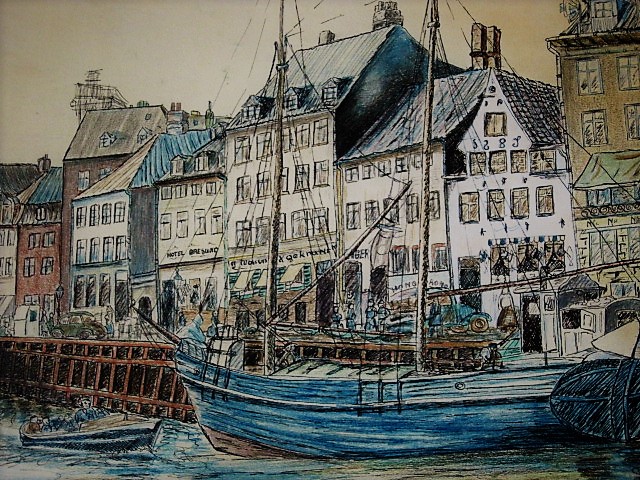 Niet of onleesbaar gesigneerd - Bijzondere gesigneerde Aquarel "de haven van Kopenhagen Denemarken" kopen? Bied vanaf 1!