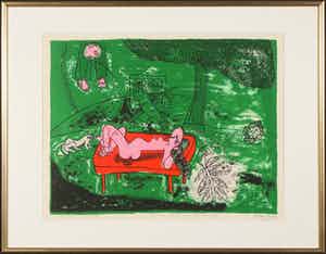 Corneille - Zeefdruk, Fenetre ouverte sur le divan rouge - Ingelijst verkocht voor € 300!