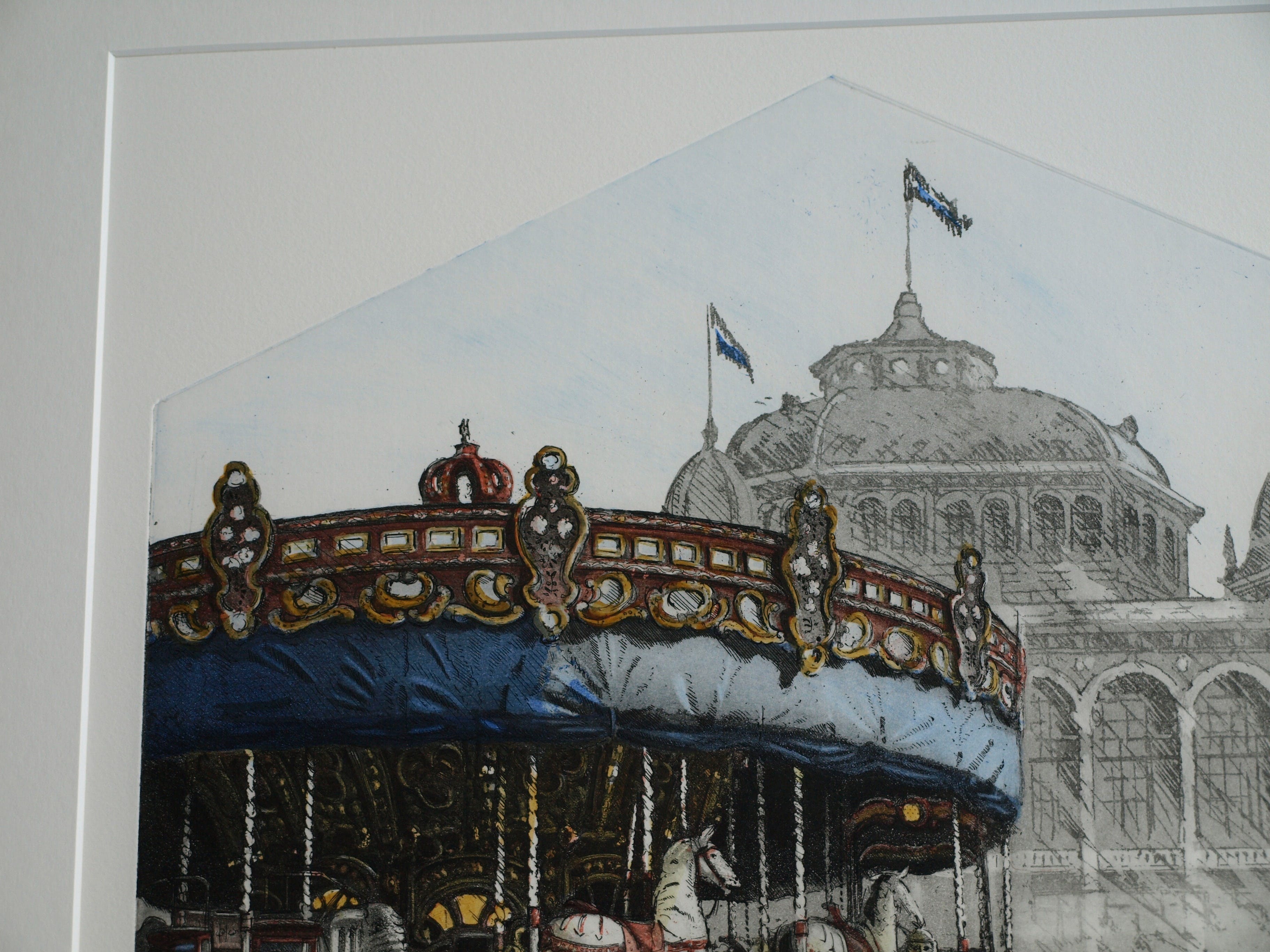 Wim Bettenhausen - Ets , Carousel bij Kurhaus , Scheveningen – ingelijst – 1995 kopen? Bied vanaf 75!