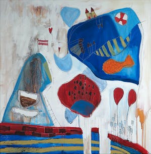 Geke uit de Bosch - Acryl en collage op doek, Traveling (Groot) kopen? Bied vanaf 100!